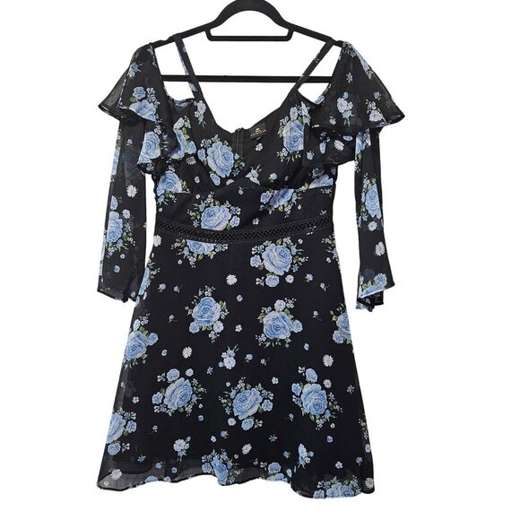 Disney Princess Dress Cold Shoulder Black Blue Floral Size L - Picture 1 of 12